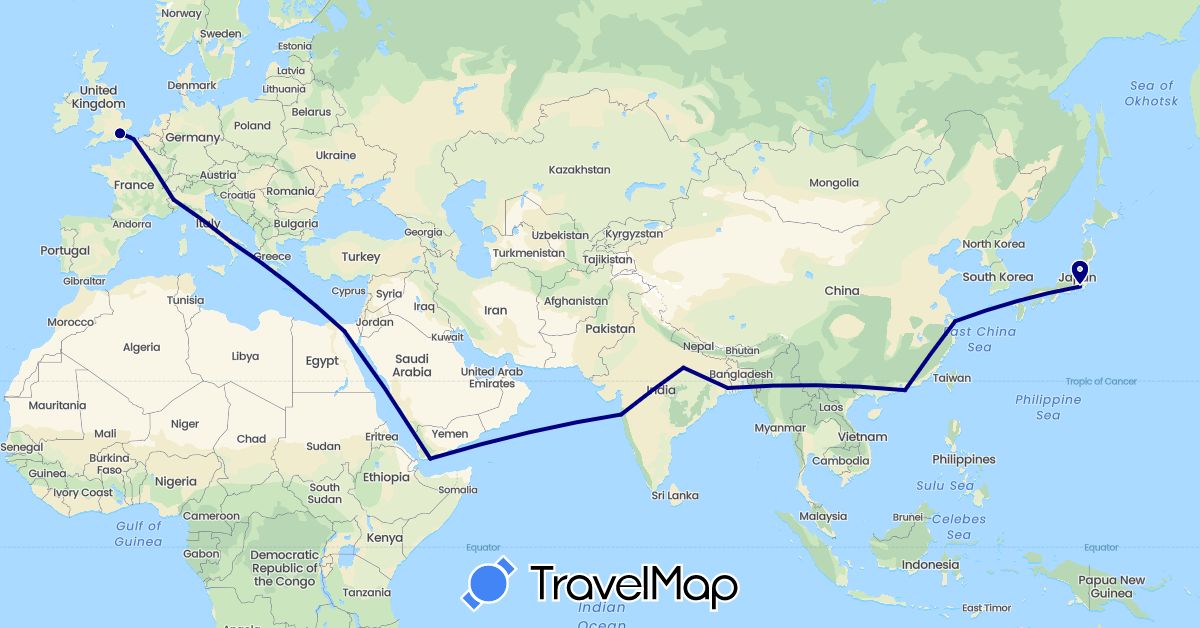 TravelMap itinerary: driving in China, Egypt, France, United Kingdom, India, Italy, Japan, Yemen (Africa, Asia, Europe)